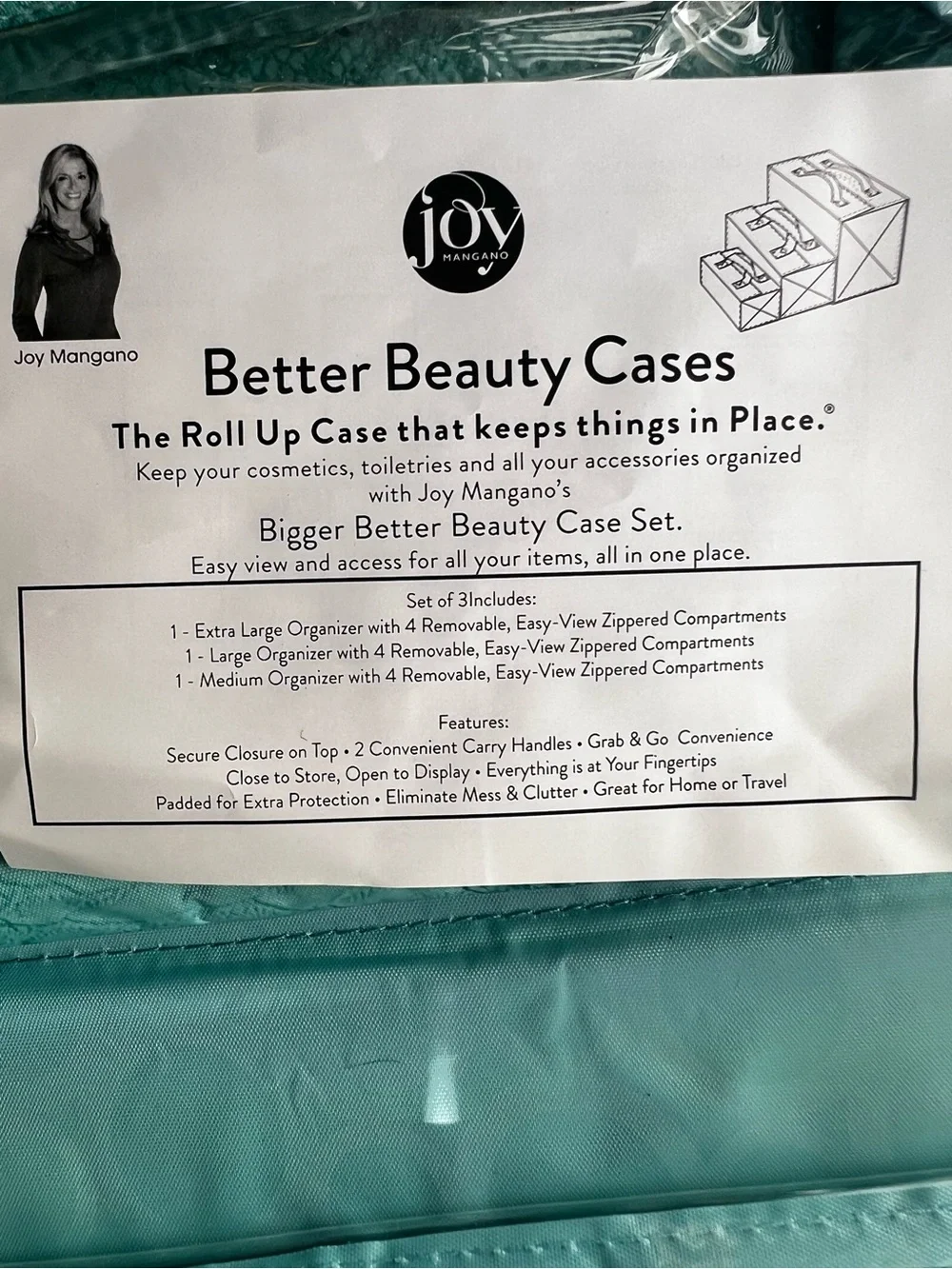 JOY MANGANO LARGE BETTER BEAUTY ROLL UP CASE. GREEN VINYL EASY WIPE OFF